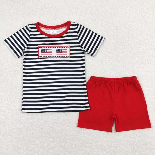 BSSO0565 Embroidered flag black and white striped short sleeve red shorts suit