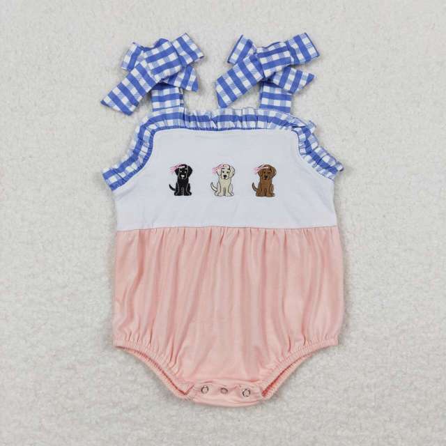 SR1053 Embroidered Three Bow Puppies Blue and White Plaid Pink Camisole romper