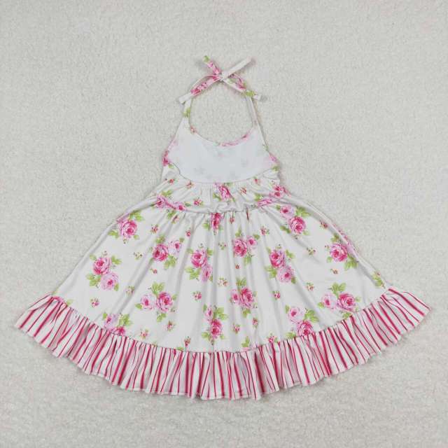 GSD0859 Floral pink striped lace halterneck dress