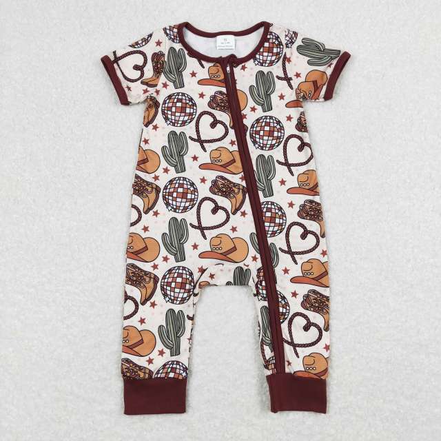 SR0973 Light Ball Cactus Hat Boots Star Brown Zip Short Sleeve romper