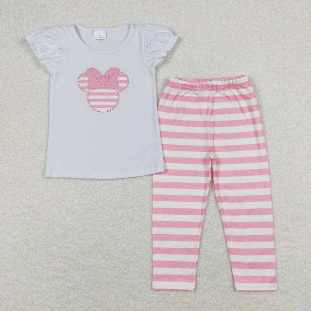 GSPO1198 Embroidered bow Mickey and Minnie white short-sleeved pink and white striped trousers suit
