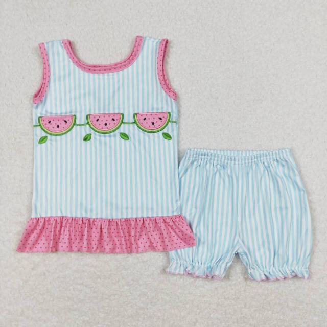 GSSO0398 Embroidered watermelon blue and white striped pink lace sleeveless shorts suit