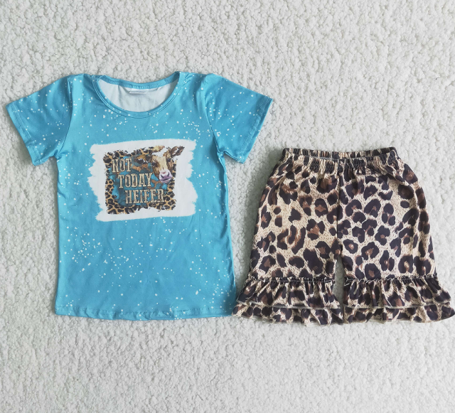 C5-16 TODAY cow head blue short-sleeved leopard print shorts suit