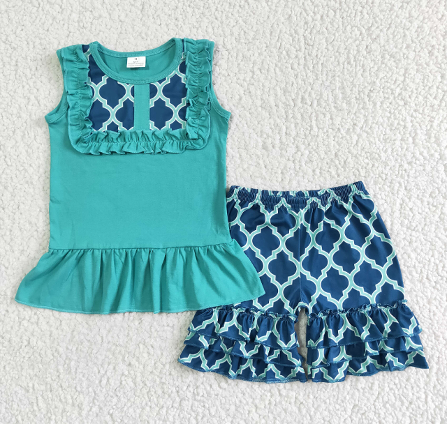 A8-24  Green sleeveless top skirt lace shorts  set