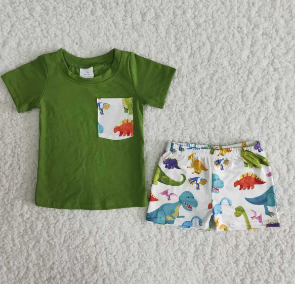 A16-12 Boys Pocket Short Sleeve Dinosaur Shorts Set