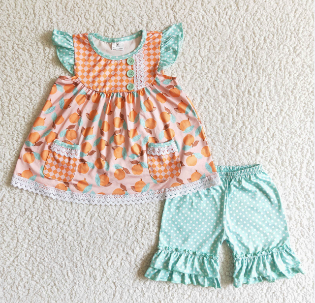 C2-13 Buttoned polka dot green flying sleeve shorts set