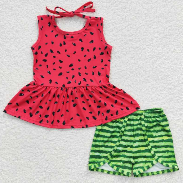 GSSO0192 Girls Watermelon Red Sleeveless Green Shorts set