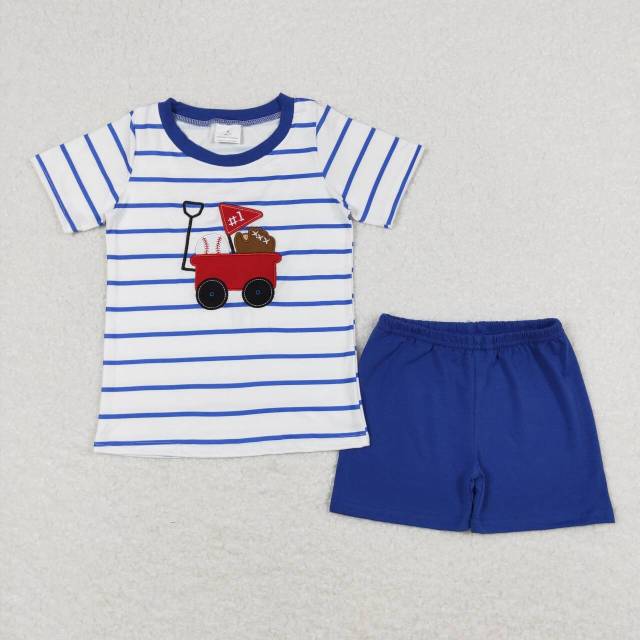 BSSO0540 Embroidered Baseball Cart Stripe White Short Sleeve Blue Shorts Set
