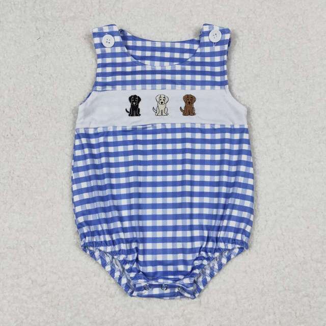 SR1048 Embroidered Three Puppies Blue and White Plaid Vest romper