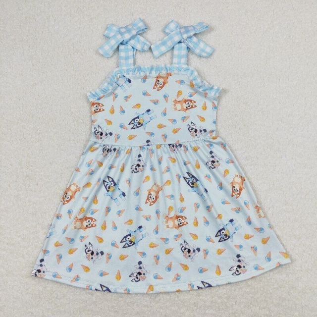 GSD0866 bluey ice cream blue plaid lace bow suspender dress