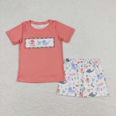 BSSO0671Octopus Crab Seal Brick Red Short Sleeve White Shorts Suit