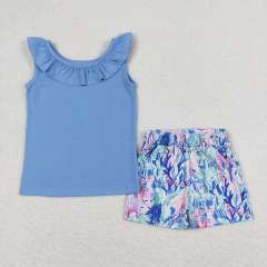 GSSO0812 Blue lace sleeveless floral pattern shorts set