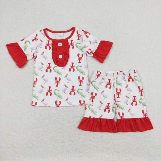 BSSO0643 Crocodile Crayfish Red and White Short Sleeve Shorts Pajama Set