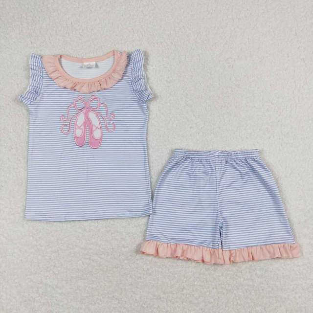 GSSO0574 Embroidered ballet shoes pink lace blue striped flying sleeve shorts suit