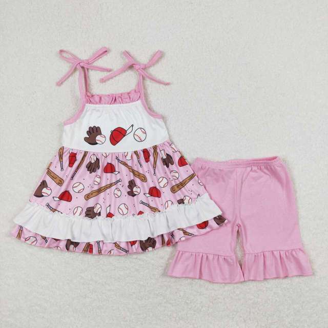 GSSO0794 Baseball hat pink suspender shorts suit