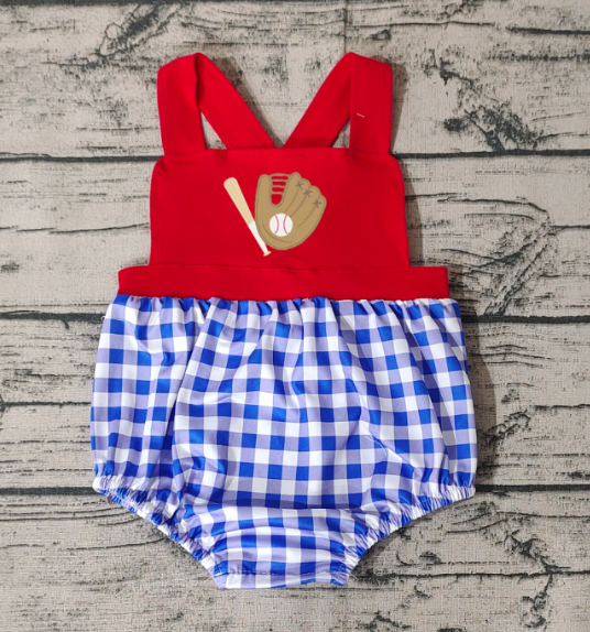 SR0616 Embroidered Baseball Gloves Blue White Plaid Red Vest romper