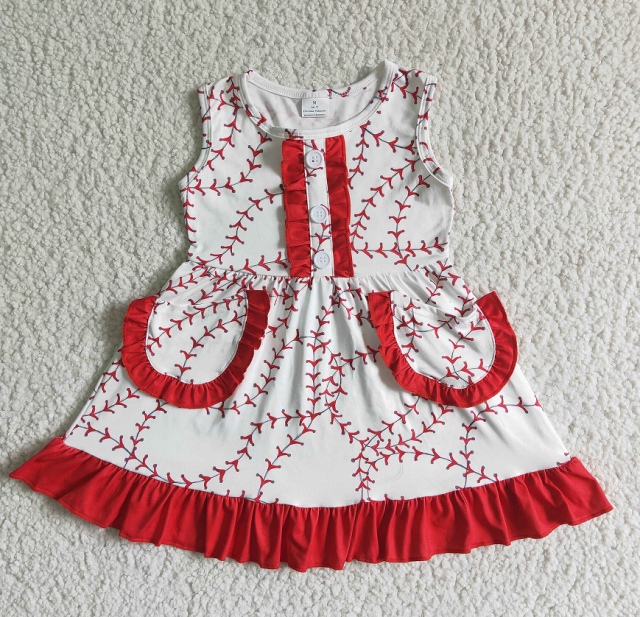 GSD0029 White Sleeveless Baseball Pattern Red Lace Pocket Button dress