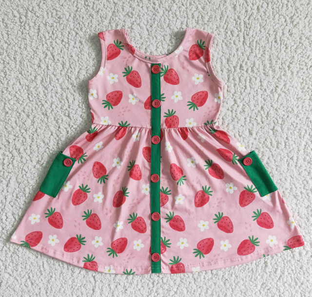 GSD0037 Pink Strawberry Vest Sleeveless Green Pocket Button dress