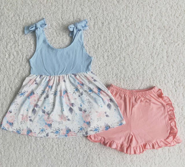 C0-12 Sky blue strappy floral skirt shorts suit