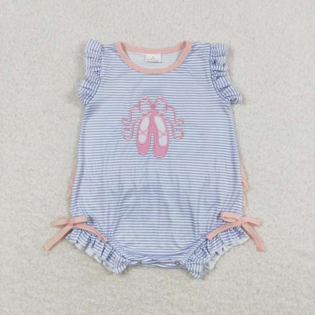 SR0931 Embroidered ballet shoes pink lace blue striped vest romper