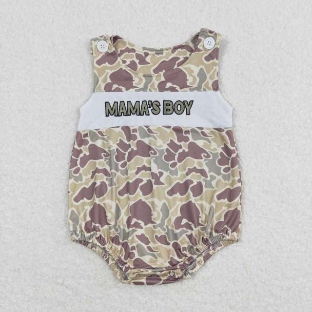 SR0995 mama's boy embroidered camouflage lettering military green tank top romper