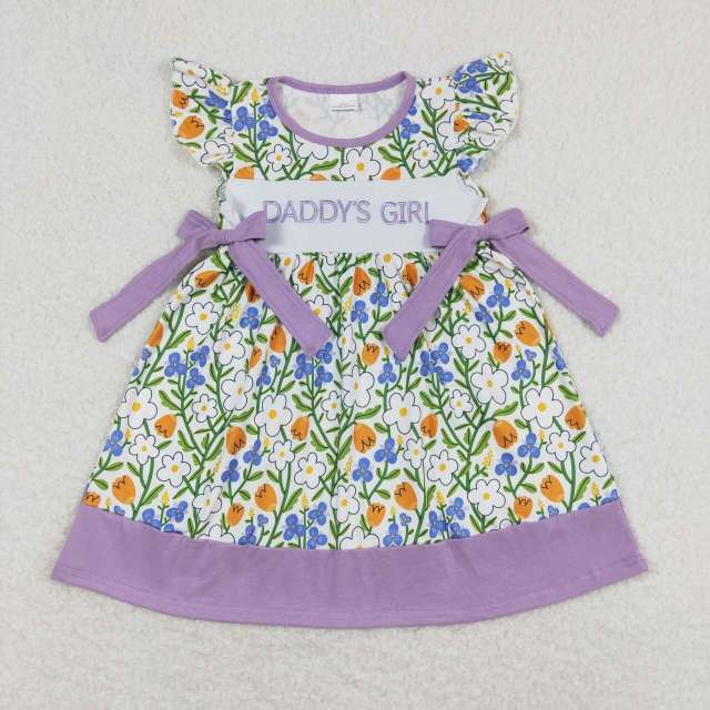 GSD0753 daddy's girl embroidered letter flower purple lace bow flying sleeve dress