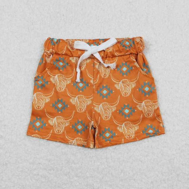 SS0208 Alpine Cow Head Geometric Orange Shorts