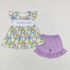 GSSO0557 daddy's gir embroidered L letter flower flying sleeve purple shorts set