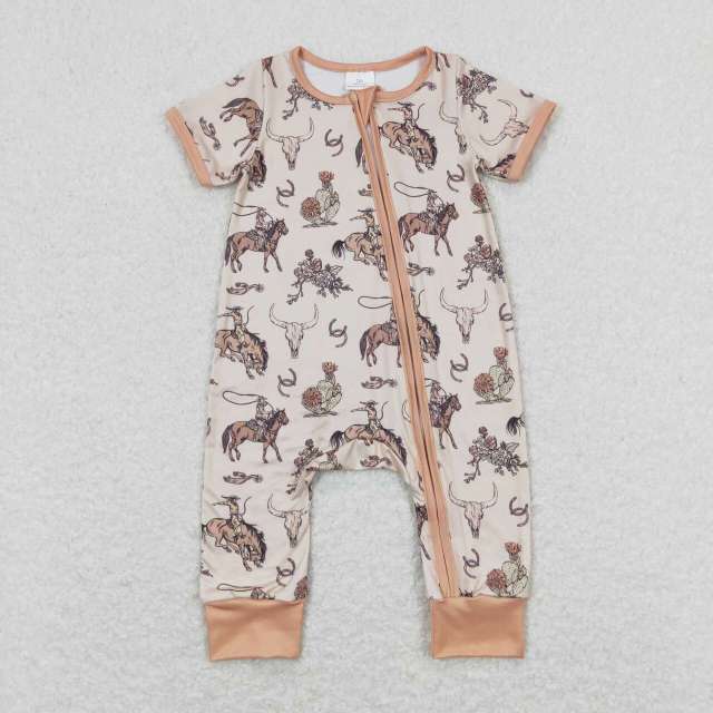 SR1220 Horseback Riding Alpine Cow Head Light Brown Zipper Short Sleeve romper