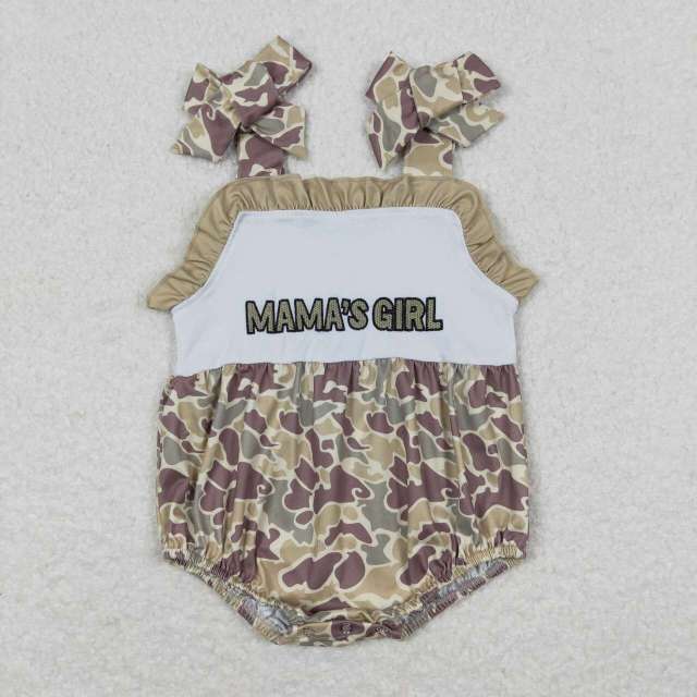 SR0994 mama's girl embroidered camouflage lettering military green suspender romper