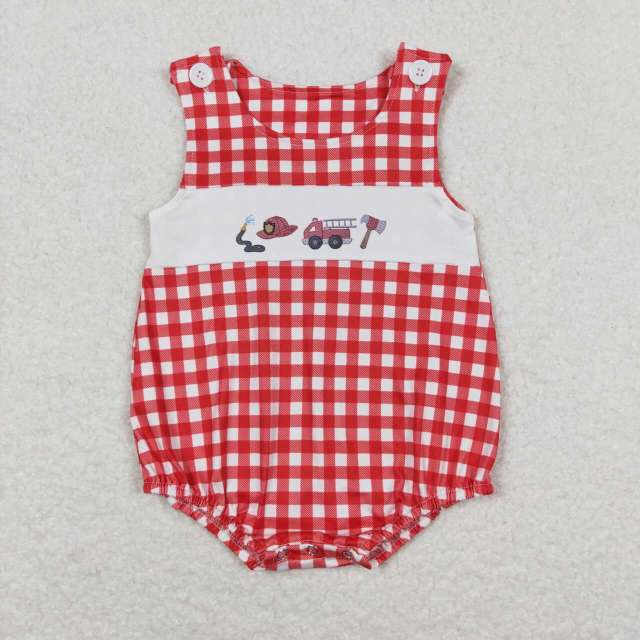 SR1174 Fire truck red and white plaid vest romper