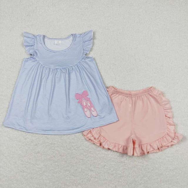 GSSO0582 Embroidered bow ballet shoes blue striped flying sleeves pink shorts suit