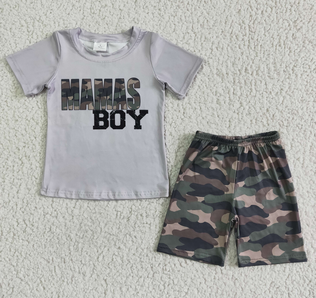 BSSO0049 Boys Gray MAMASBOY Short Sleeve Camo Shorts Set