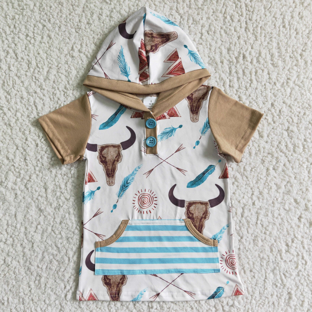 BT0003 Boys Short Sleeve Hooded Cow Button Feather Top