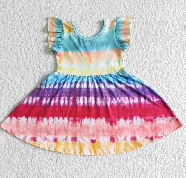 GSD0024 Girls' colorful dress with flying sleeves, round neck and big dress