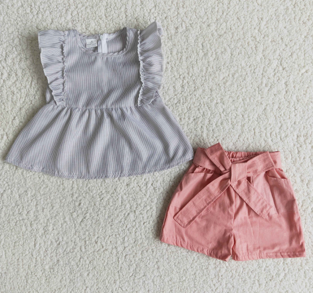 D3-1 Woven Striped Sleeveless Lace Top Pink Shorts