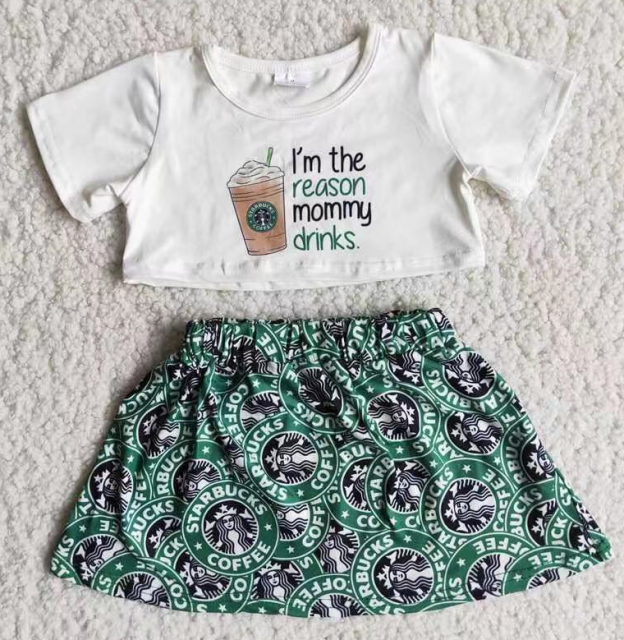 C13-18 White crop top Starbucks skirt set