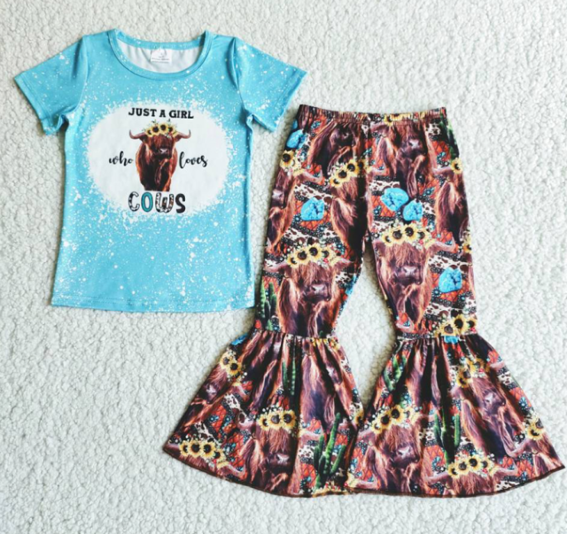 B0-3 cow head top with English letter bell bottoms set