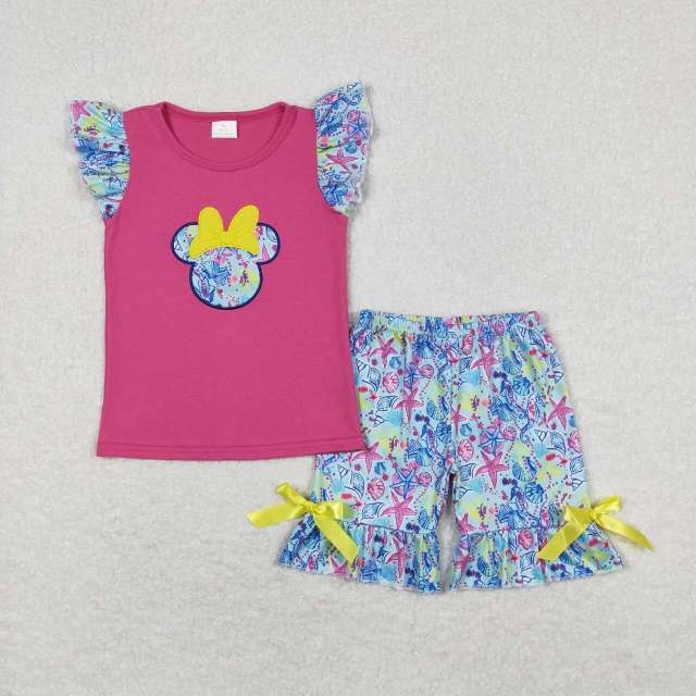 GSSO0629 Embroidery Bow Rose Red Flying Sleeve Starfish Shorts Set