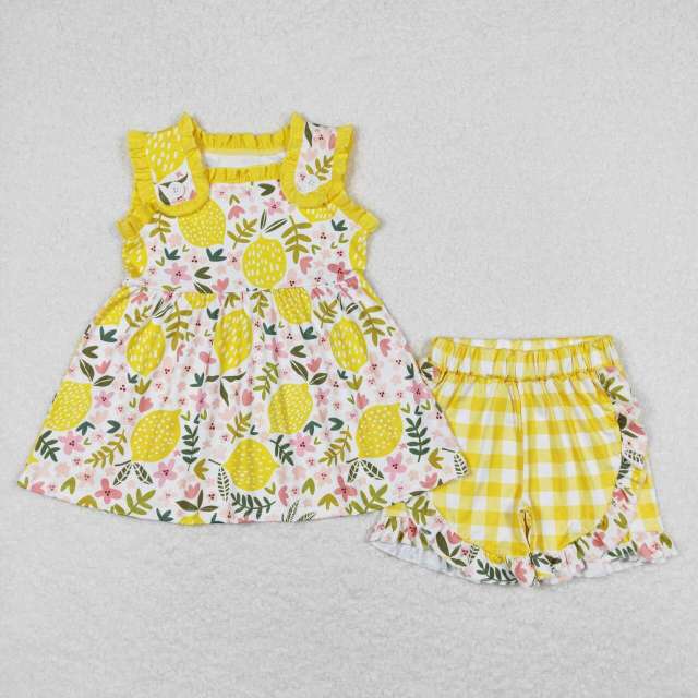 GSSO0752 Lemon flower sleeveless yellow and white plaid shorts set