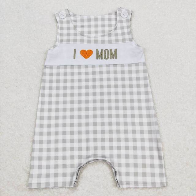 SR1132 I love mom embroidered green plaid sleeveless romper