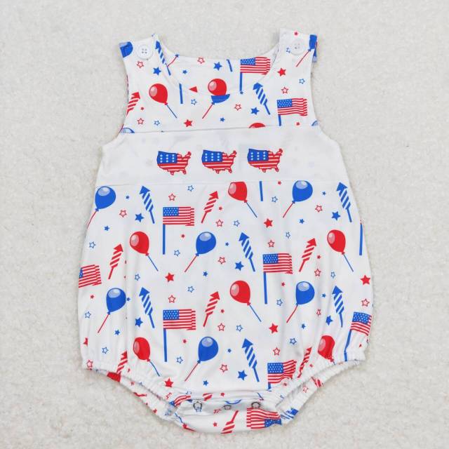 SR1105 American Flag Balloons Stars Fireworks White romper