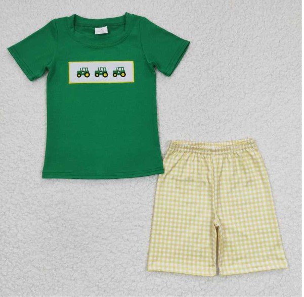 BSSO0126 Boys Embroidered Farm Car Green Short Sleeve Yellow Shorts Suit