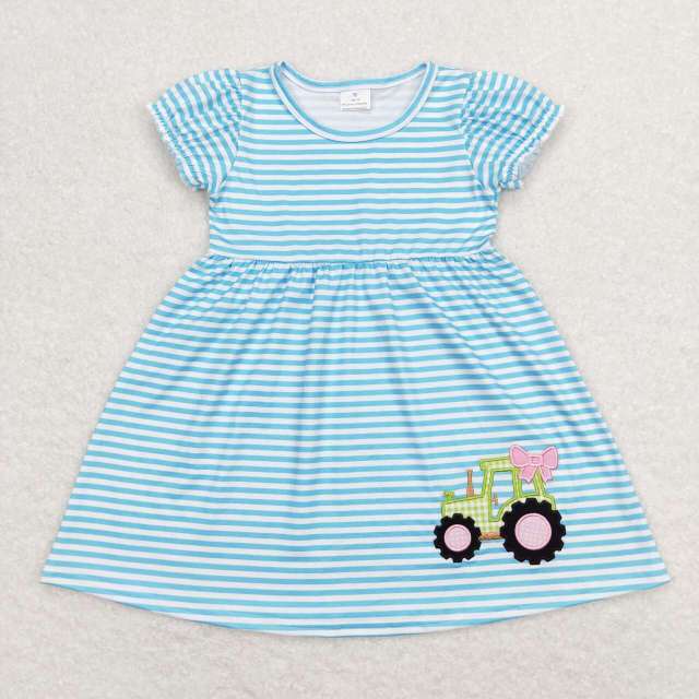 GSD0835 Embroidered bow tractor blue and white striped short-sleeved dress