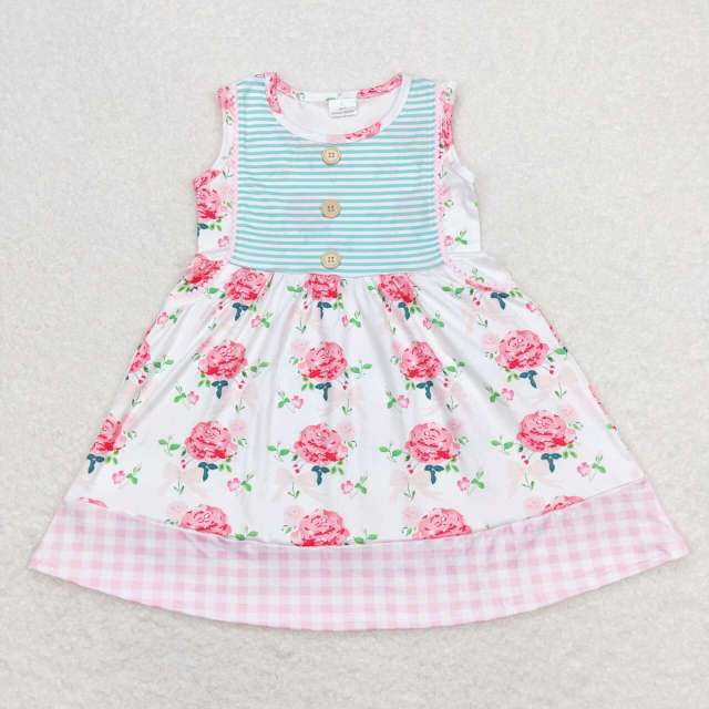 GSD0886 Flower bow striped pink and white plaid sleeveless dress