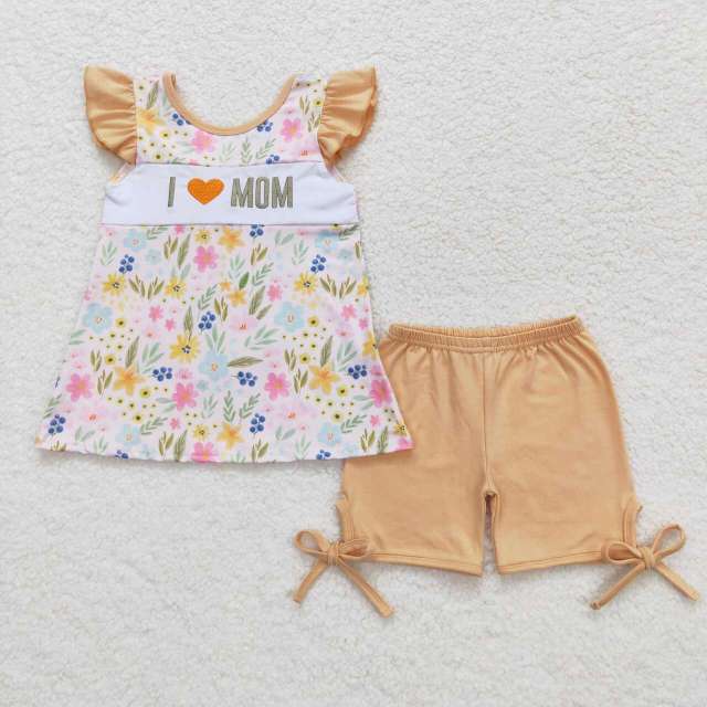GSSO0696 I love mom embroidered flower floral bow flying sleeve shorts set