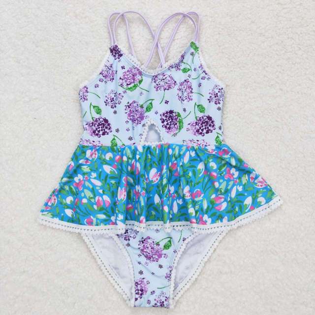 S0246 Purple flower lace teal one-piece swimsuit with straps