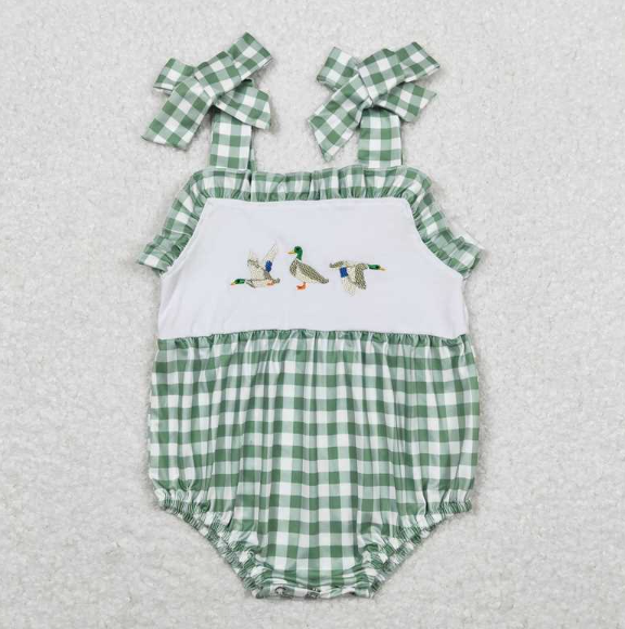 SR1065 Embroidered duck green and white plaid lace camisole romper