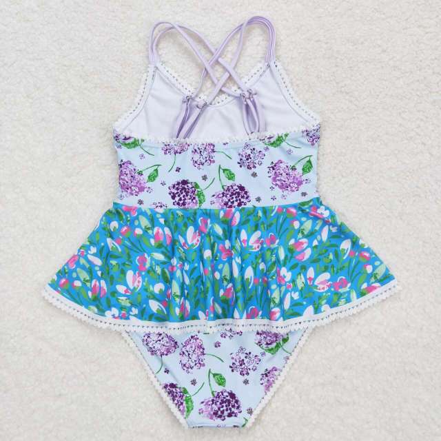 S0246 Purple flower lace teal one-piece swimsuit with straps