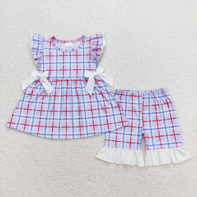 GSSO0707 Blue plaid white bow flying sleeve shorts suit